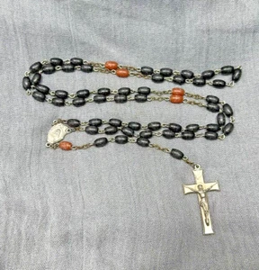 Vintage Rosary Black and Brown Barrel Beads Silver Tone Crucifix 24 Inches - Picture 1 of 7
