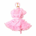 Lockable Sissy Maid Pink Satin Organza Dress Uniform Cosplay Costume #