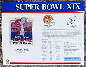 NFL Super Bowl XIX 19 Patch San Francisco 49ers vs Miami Dolphins W/ Stats Card - Picture 1 of 2