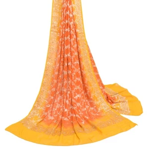 Sushila Vintage Orange Floral Dupatta Pure Georgette Sequins Work Long Stole - Picture 1 of 9