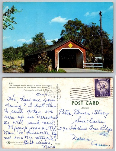 1952 VT Paper Mill Covered Bridge Postcard North Bennington Frank L ...
