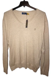 Polo Ralph Lauren Mens V-Neck Sweater XXL Light Brown 100% Lightweight Cotton - Picture 1 of 5