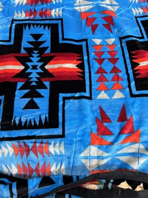Native American Style 2 Ply Plush Reversible Blanket Size Twin/Full Blue Wow - Image 1 of 4