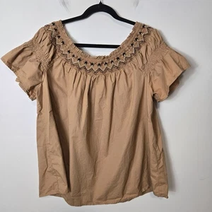 OLD NAVY Size XL Tall Smocked Off-the-Shoulder Flutter Embroidered Tan Top - Picture 1 of 10