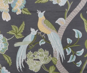 2 cortinas vendidas por pareja hermosas aves posadas Thibaut azul sobre carbón - Imagen 1 de 4