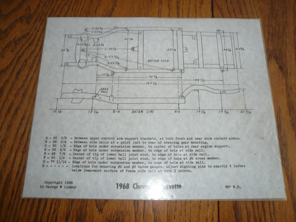 1968 Chevrolet Corvette 98" WB chassi visão inferior e linha de data - Imagem 1 de 1