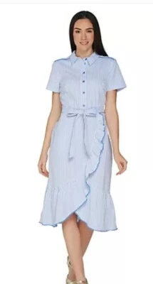 Vestido Seersucker envolvente sintético 22W manga corta bolsillos preppy carrera hasta la rodilla  Foto 1 de 4