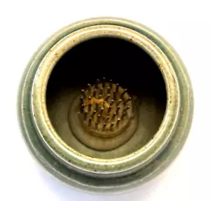Studio Art Pottery Vase Metal Flower Frog 2.5 inch Green Signed JPC 2004 - Picture 1 of 8
