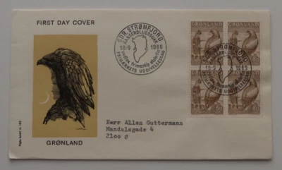 Groenlandia 1969 SDR. Bloque de 4 80 ØRE (pájaro) FDC cubierta de primer día Strømfjord Foto 1 de 2