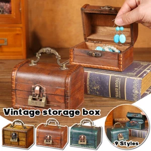 Retro Wooden Storage Box Handheld Jewelry Organizer Props Treasure Lock Box NEW - Picture 1 of 19