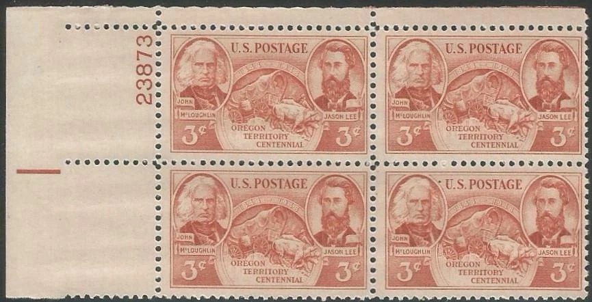 Plate Block of 4 stamps - Scott 964 - 3 cent - Oregon Territory - 1948 - MNH - Image 1 of 1