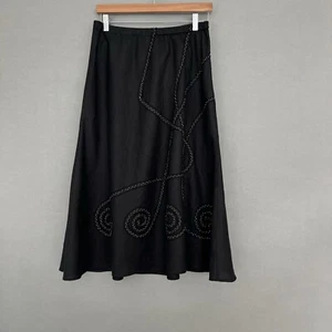 JM Collection Skirt Black Linen Embellished Bead Scroll Pattern A Line Womens 10 - Picture 1 of 13