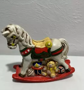Ceramic Enesco Rocking Horse And Toys Coin Bank Vintage 1980 Christmas Bank - Picture 1 of 15