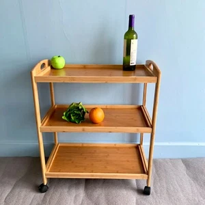 Bamboo 3 Tier Kitchen Storage Rack Serving Trolley Island Cart With Wheels - Picture 1 of 8