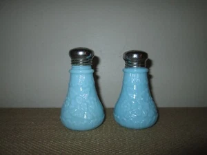 Set Of Victorian EAPG Blue Floral Embossed Milk Glass Salt & Pepper Shakers - Picture 1 of 3