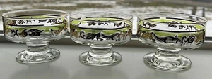 Vintage MCM Green Gold Swirl Footed Pedestal Sherbet Dessert Glass Set of 3 - Picture 1 of 15