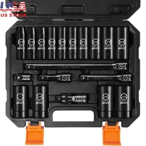 19-Piece 1/2" Drive Deep Impact Socket Set Cr-V Steel Extensions Joint Adapter - Picture 1 of 7