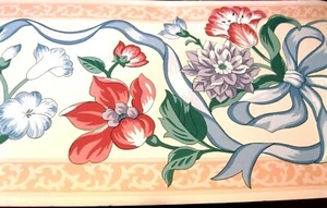 Wallpaper Border Blue Ribbon Bows Wine Flowers White Pink Trim 5513 02 NIP - Picture 1 of 2