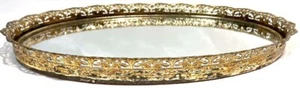 VINTAGE 8X13 VANITY OVAL DRESSER MIRROR TRAY GOLD METAL FILIGREE FRAME - Picture 1 of 6