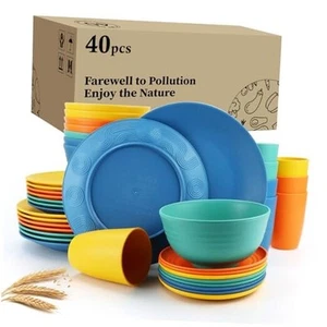 40Pack plates and bowls sets for kids - Unbreakable wheat straw dinnerware - Picture 1 of 7