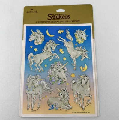 1982 Vintage Hallmark Unicorn Moon Stars Stickers 3 Complete Sheets Open Package - Image 1 of 4