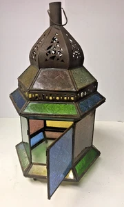 ANTIQUE VINTAGE STAINED GLASS METAL MOROCCAN HANGING LIGHT FIXTURE NO ELECTRIC - Picture 1 of 7