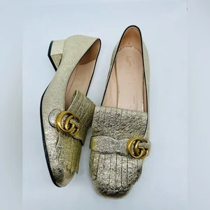 Gucci Gold Metallic Leder GG Fransen Marmont 30mm Absatz Loafer Pumps EU 41 - Bild 1 von 12