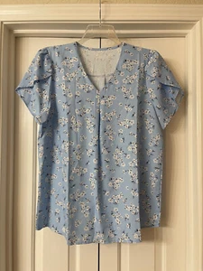 Blue Floral Chiffon Blouse Shirt Top W/ V-Neck Woman Plus Size XL - Picture 1 of 2