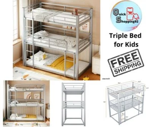 Metal Twin Bunk Bed,Triple Bed for Kids Room,3 Bed for Kids Teens Adults Silver - Picture 1 of 12