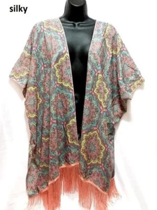 Cardigan Cover Up M L XL 1X 2X Silky Poncho Floral Blue Pink Fringe Bohemian Top - Picture 1 of 2