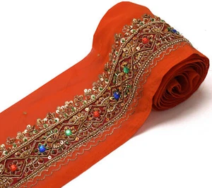 Sushila Vintage Orange Saree Border Indian Craft Sewing Trim Hand Beaded Ribbon - Picture 1 of 6