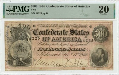 1864 $500 Confederate States of America T-64 PMG VF20 - Image 1 of 2