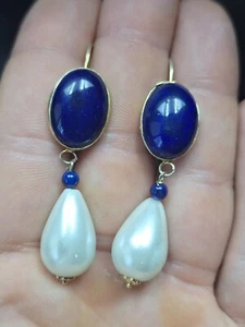 ORECCHINI ARGENTO 925 DORATO LAPIS CABOCHON E PENDOLI PERLA - Foto 1 di 6