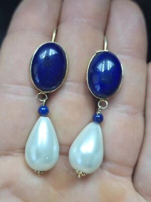 ORECCHINI  ARGENTO 925 DORATO  LAPIS  CABOCHON E  PENDOLI PERLA  - Immagine 1 di 4