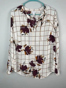 Blusa Liz Claiborne bianca e marrone manica lunga taglia L anni 70 retrò boho - Foto 1 di 7