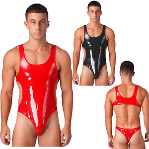 Mens One-Piece Swimsuit Party Swimwear Wet Look Patent Leather Bodysuit Jumpsuit