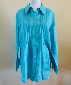 Tyler Boe Blue Linen Pintuck Button Front Longsleeve Tunic Top Coatal Preppy 12 - Picture 1 of 8