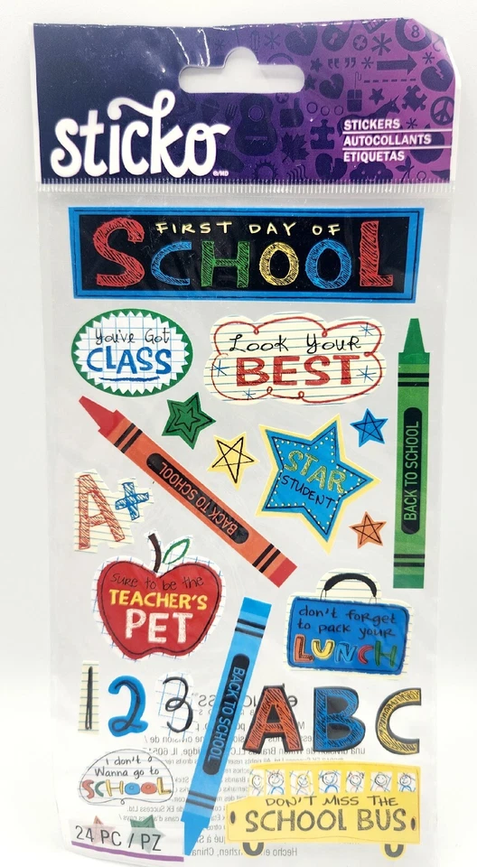 Sticko First Day of School Stickers ABC 123 Don't Miss The Bus Teachers Pet