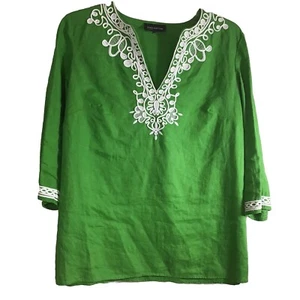 Jones New York Womens Linen Tunic Top 1X Kelly Green Mandarin Collar 3/4 Sleeve - Picture 1 of 8