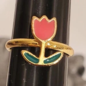 Tulip Pinky Ring Adjustable Size 3 4 5 Pink Cloisonne Look Gold Tone Metal Child - Picture 1 of 4