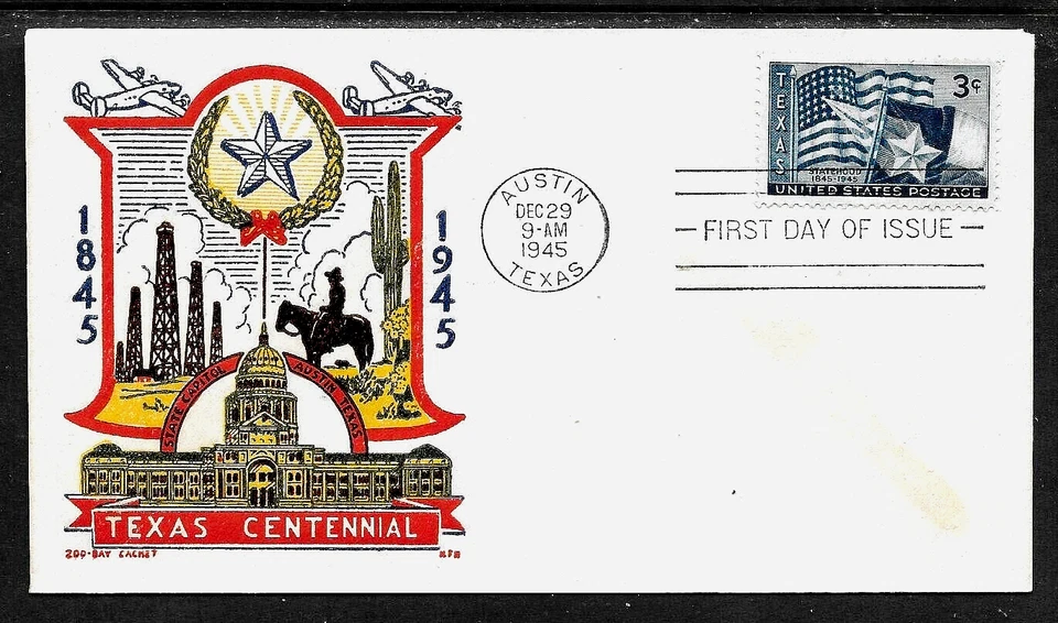 938 3c Stamp (1945) THE TEXAS STATEHOOD 'LONE STAR' FDC FROM CZUBAY CACHETS !!! - Image 1 of 1