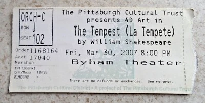 The Tempest William Shakespeare Pittsburgh PA Byham Theater used ticket 2007 - Image 1 of 2