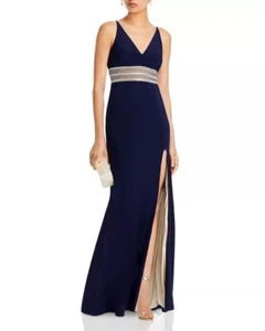 AQUA Embellished-Waist Gown, Navy/Silver, SIZE-4 - Picture 1 of 5