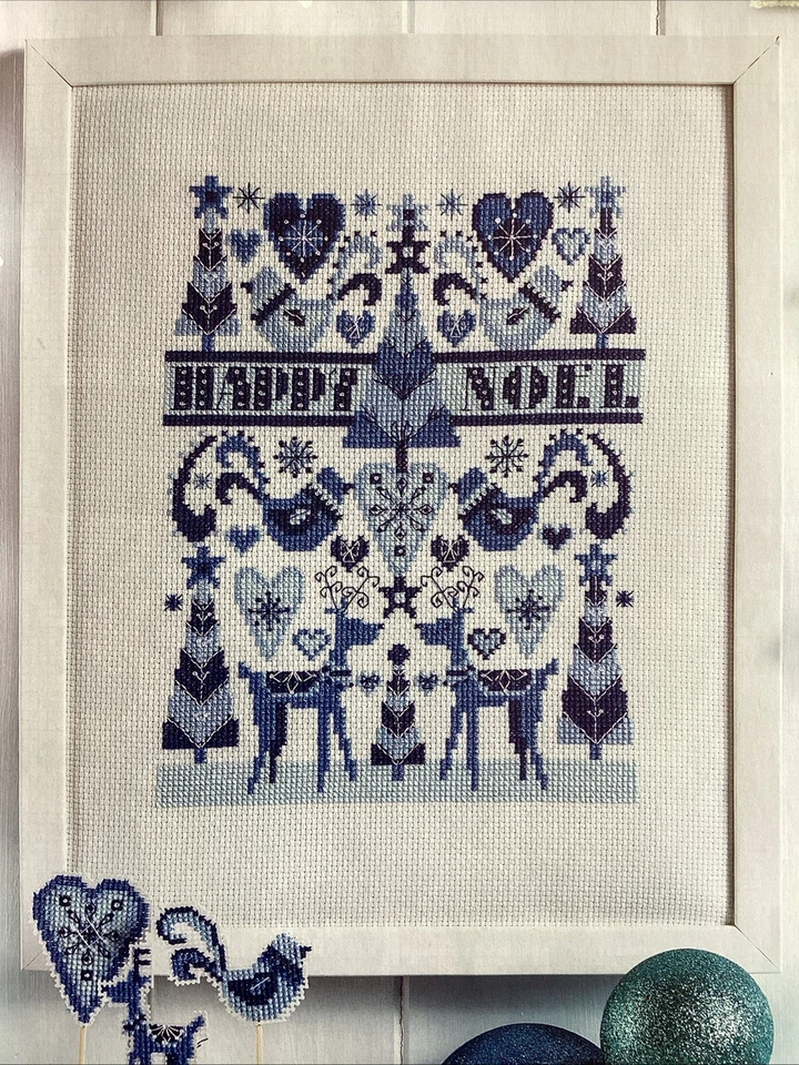 Joyeux Noel Ice Blue Folksy Sampler Christmas Cross Stitch Chart - Image 1 of 1