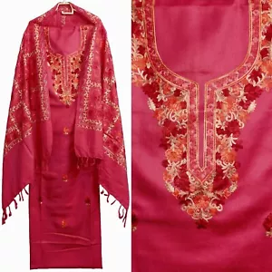 PINK WOOL INDIAN SALWAR KAMEEZ SHAWL SUIT KASHMIRI EMB DRESS MATERIAL LADIES DEN - Picture 1 of 3