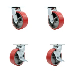 Juego de ruedas giratorias de hierro fundido de polietileno rojo de 6 pulgadas con rodamientos de bolas 2 frenos SCC - Imagen 1 de 5