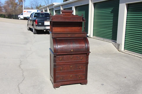 Walnut Victorian Original Finish Cylinder Roll Desk w 3 Drawers & Fancy Gallery Cover