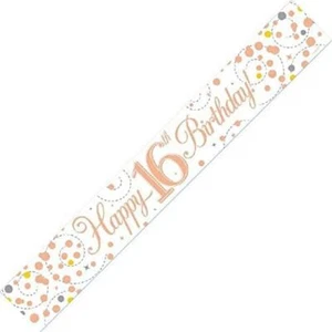 Banner de cumpleaños 16 brillante efervescencia de oro blanco y rosa holográfico 9 pies - Imagen 1 de 1
