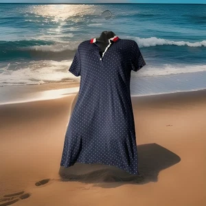 Tommy Hilfiger Polokleid Gr. L dunkelblau rot weiß gepunktet Strick Kurzarm - Bild 1 von 8