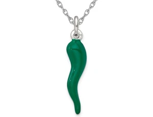Green Enamel Italian Horn Pendant in Sterling Silver with Chain - Picture 1 of 5